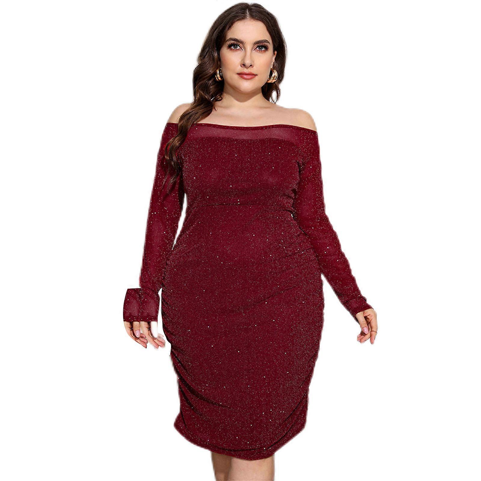Women Sexy Contrast Mesh Party Midi Bodycon Dress Long Sleeve Off Shoulder Empire Waist Solid Color Glitter Sequins Gown  Burgundy XL