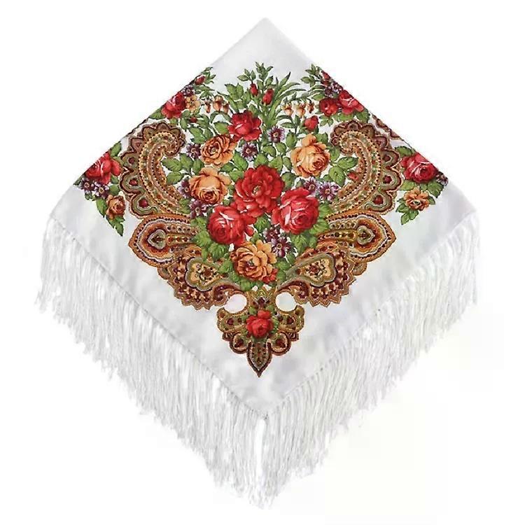 Retro Flower Pattern Square Scarf-90x90cm Red Tassel Headscarf