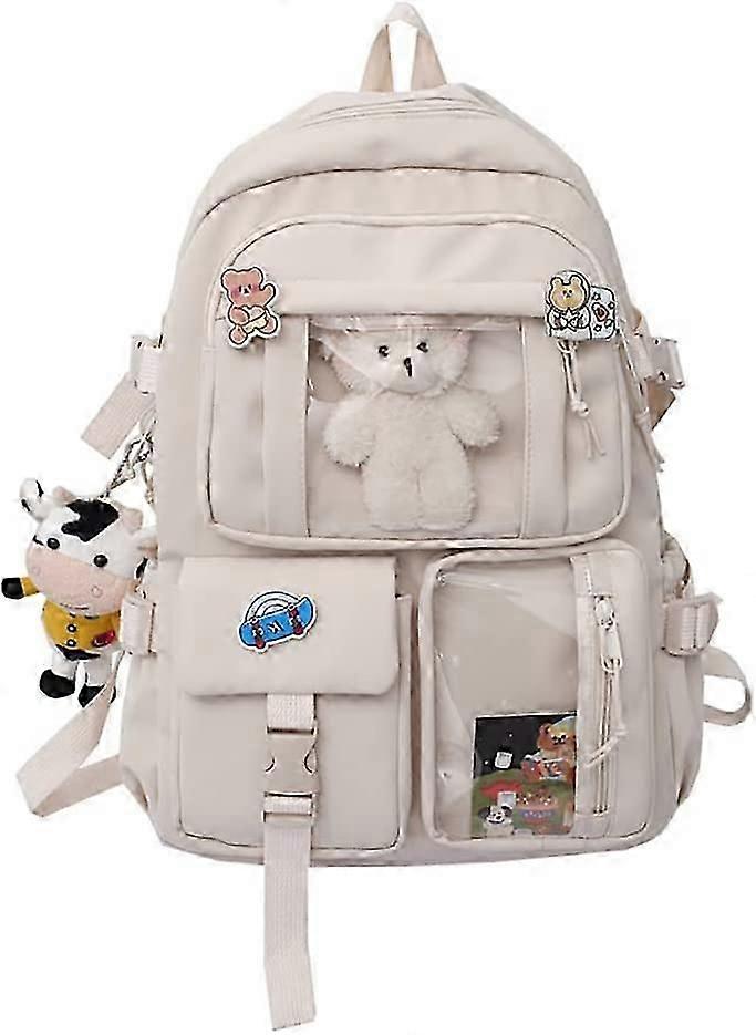 حقيبة ظهر كبيرة السعة خفيفة الوزن حقيبة مدرسية مع دبابيس لطيفة الملحقات أفخم دب بقرة دمية قلادة متوافقة مع النساء الفتيات في سن المراهقة