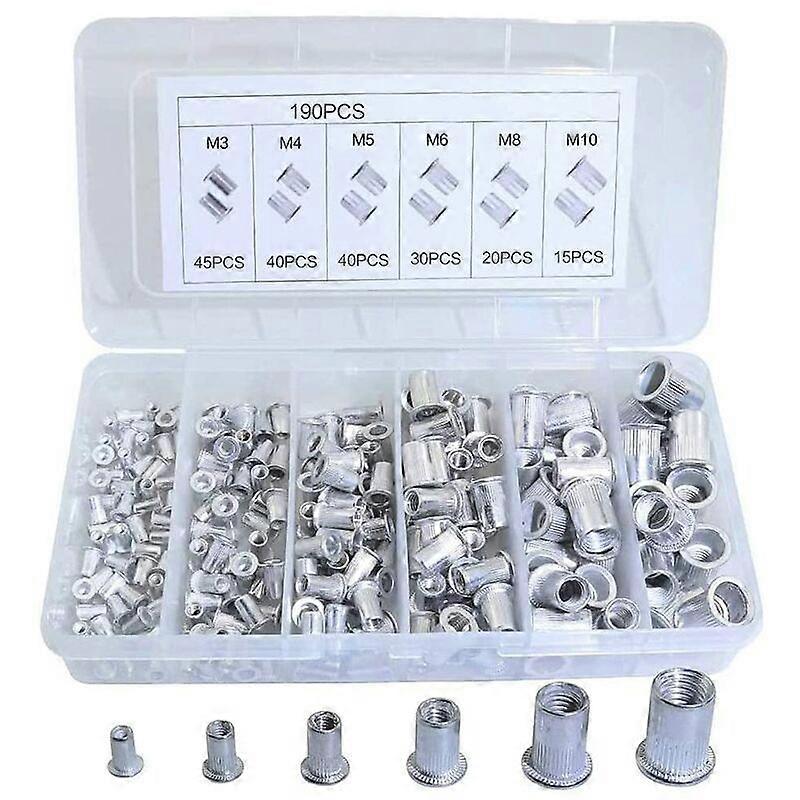 190pcs Flat Head Threaded Rivet, Flat Head Aluminum Rivet Nut, Blind Insert Nut, with Storage Box, for Wooden Furniture, M3/M4/M5/M6/M8/M10HANBING