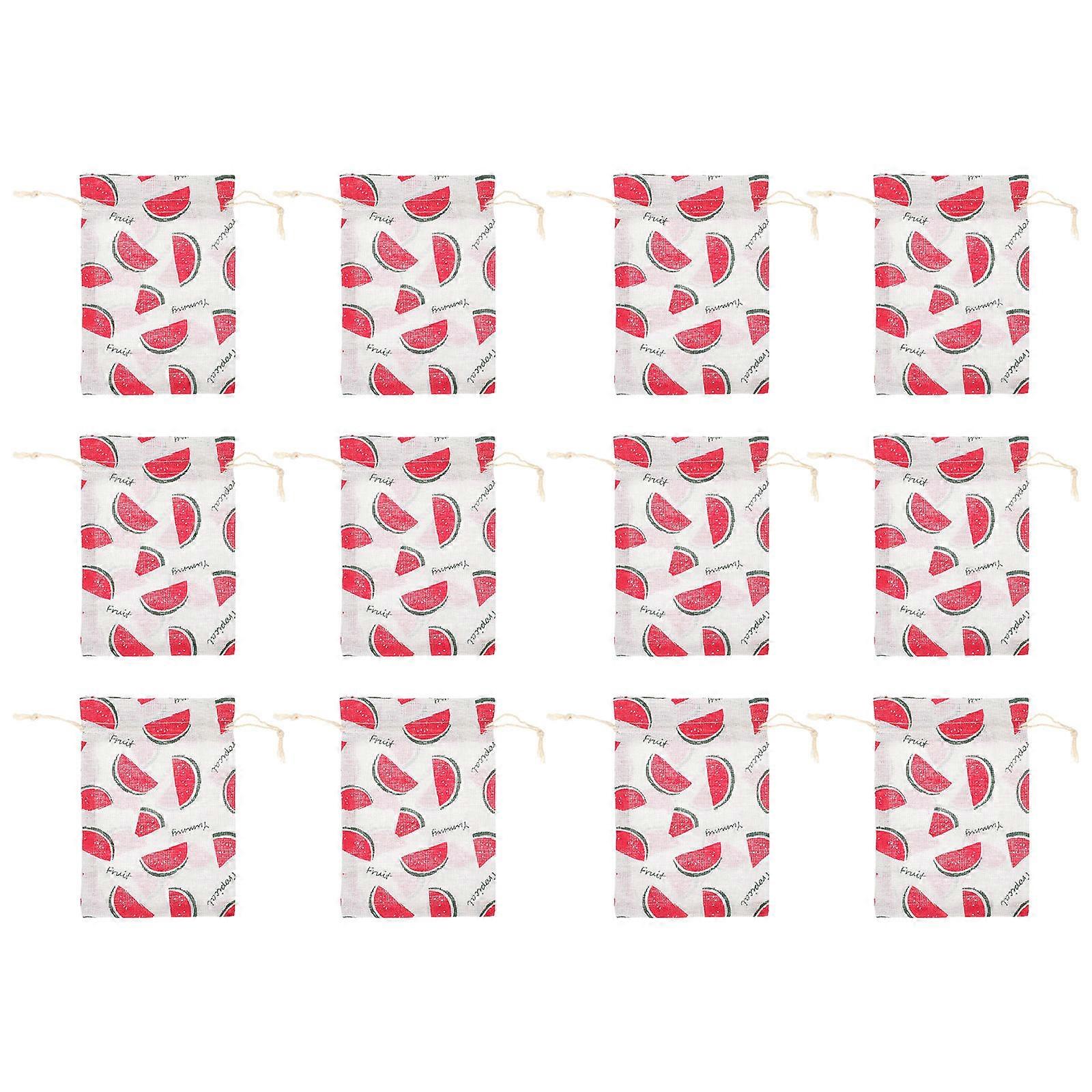 12 Pack Watermelon Drawstring Linen Bags Multi Use Storage Pouches for Party Favors, Gifts, Organizers, Weddings, Birthdays, Summer Events