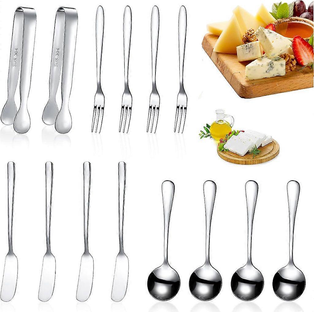 14-Piece Cheese Butter Spreader Set, Stainless Steel Spreader, Mini Tongs, Spoon and Fork (Silver)