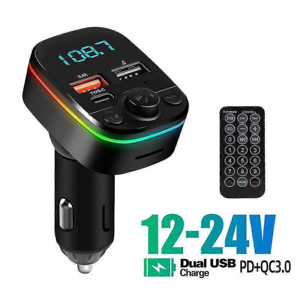 3in1 Car Bluetooth 5.0 FM Transmitter Mp3 Player Dual Port USB + Type C PD Fast Charger With Remote Control Ambient Light Wireless Audio Rec