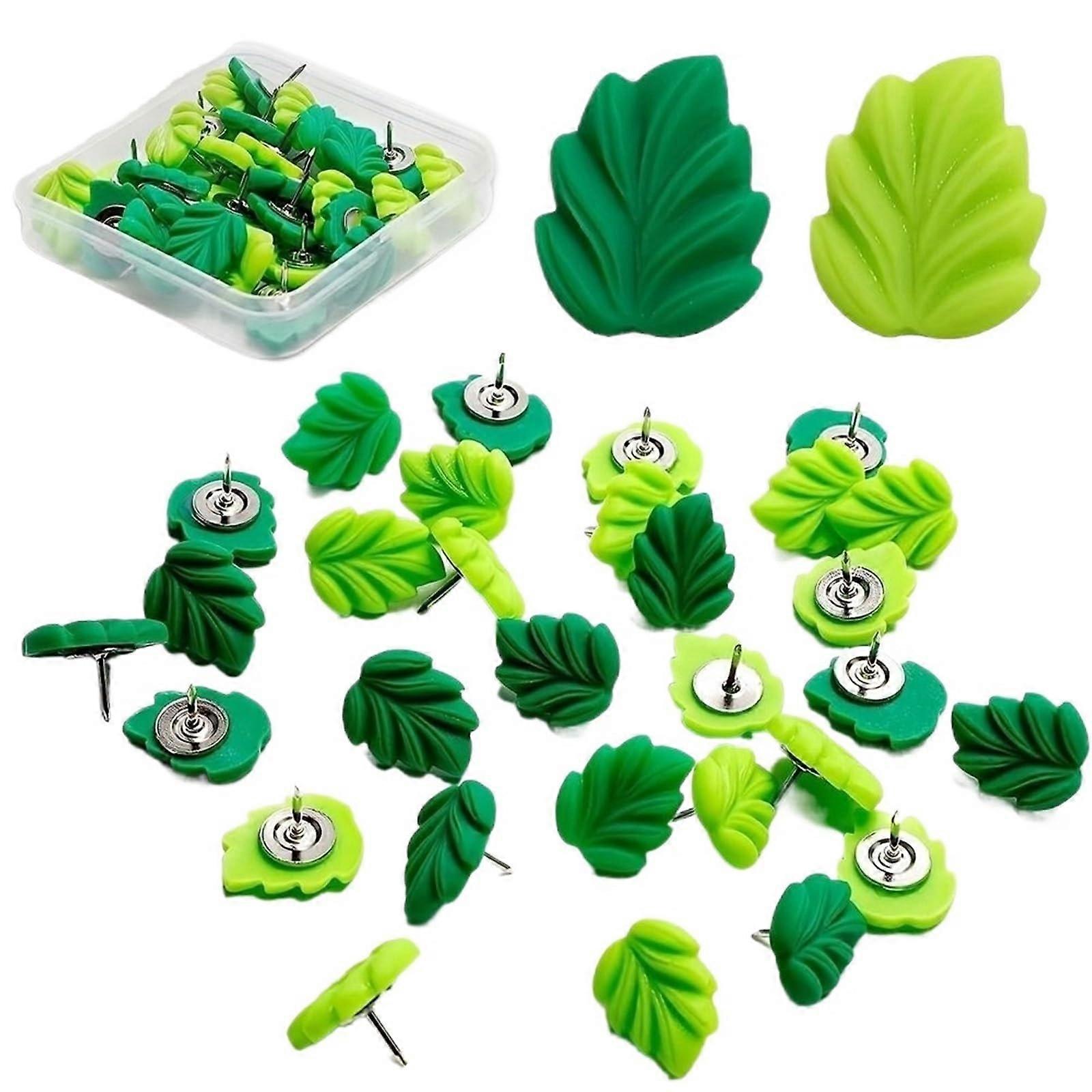 Plastic Push Pins - 50 Decorative Green Leaf Shaped Tack, Colored Office Thumbtacks, Cute Binder Clips Accessory