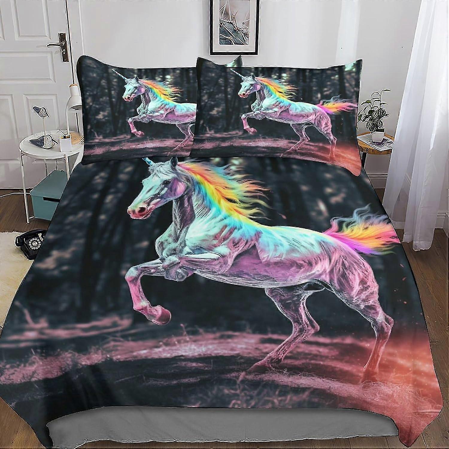 Rainbow Horse 3D Print Duvet Cover Set Bedding with Hidden Zipper Closure, Microfiber Polyester Fantasy Creature Comforter Cover for Certain