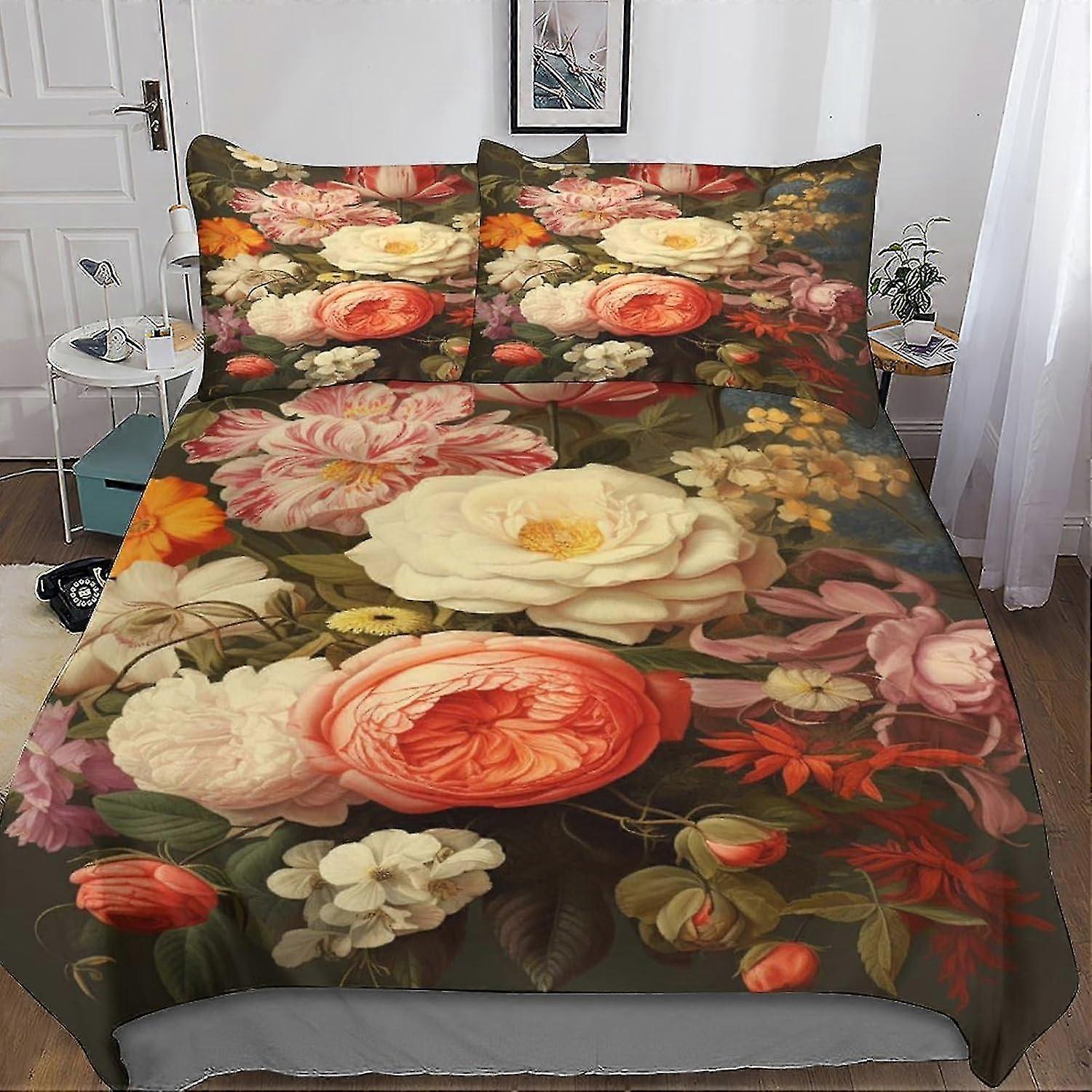 Flores coloridas capa de edredão para meninos crianças conjunto de cama de 3 peças, capa de edredom de arte botânica capa de colcha de impressão 3D de microfibra com travesseiro