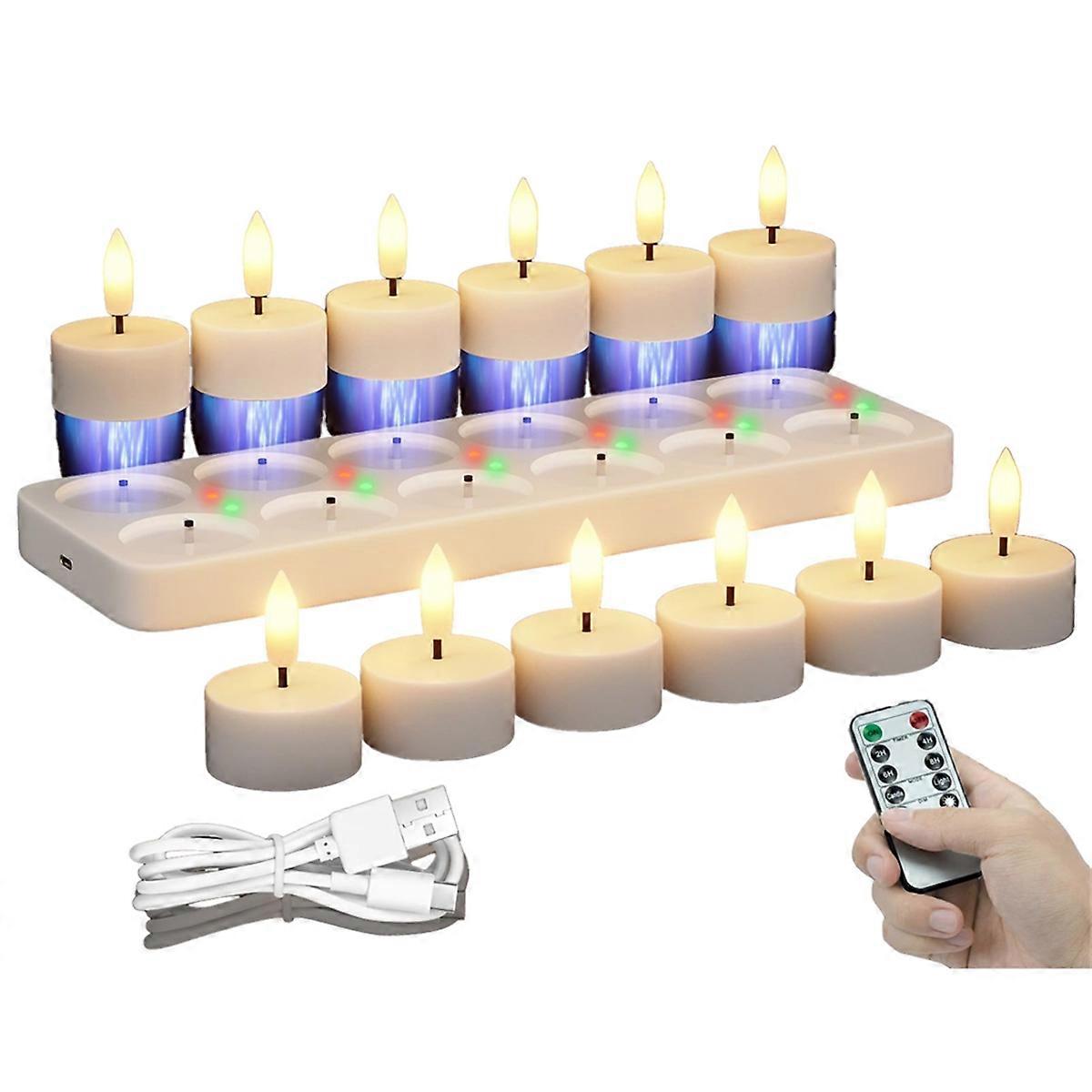 Bougies chauffe-plat rechargeables sans flamme avec station de charge 12 pièces Batterie Bougies chauffe-plat avec télécommande