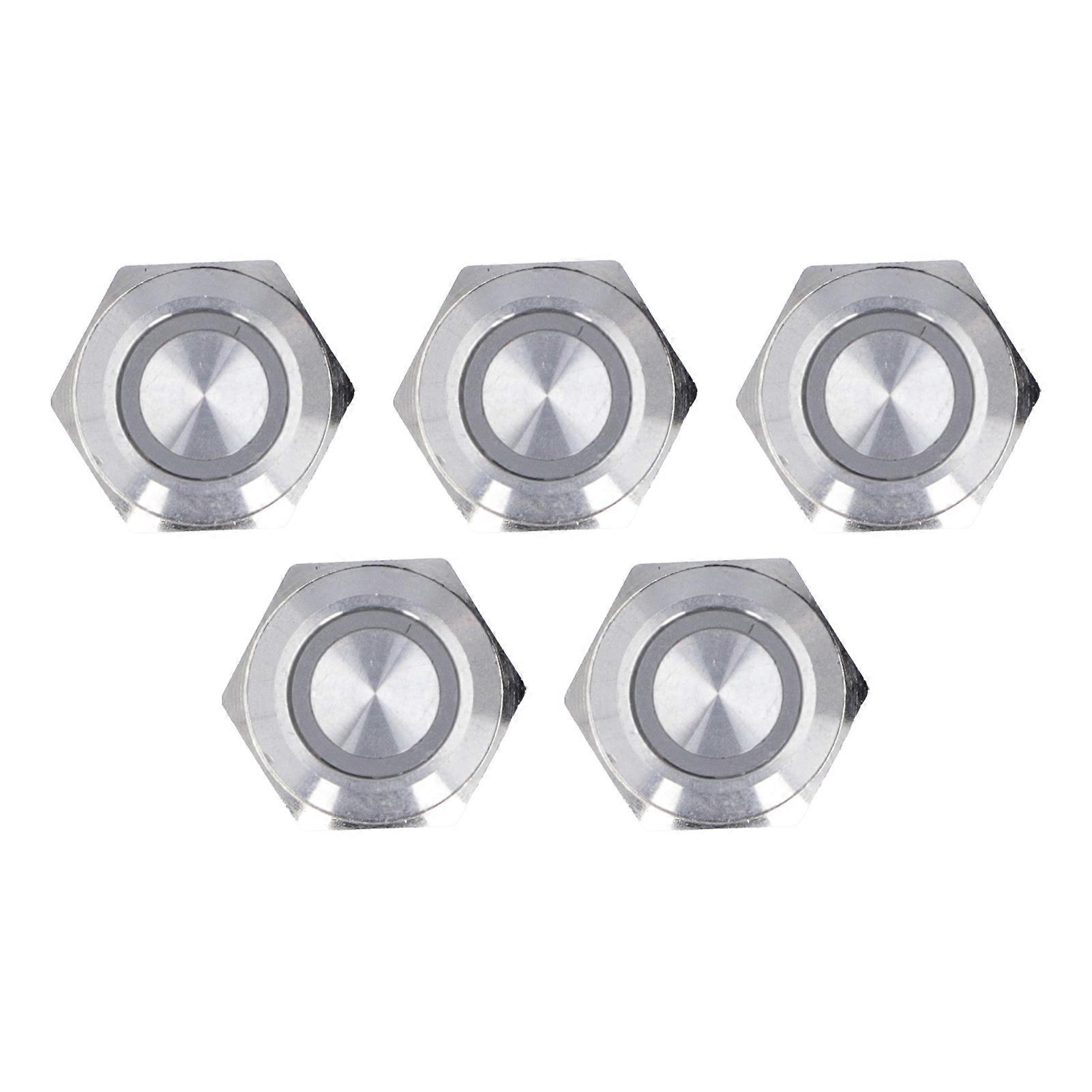 5Pcs Momentary Push Button Switch Metal Auto Reset Ultra Thin Waterproof with LED 16mmAC220V White