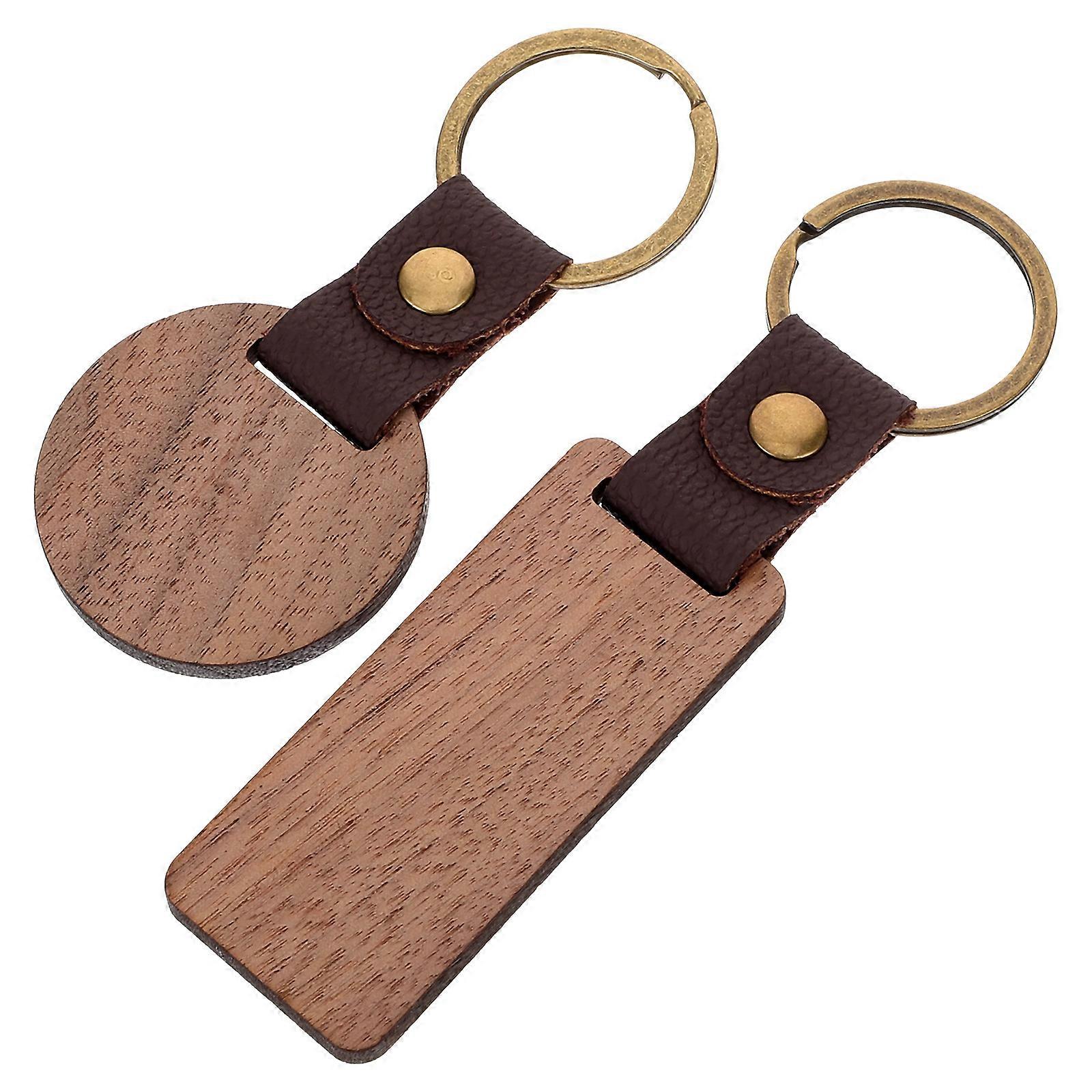 Wood Key Chains Rustic Style Smooth Surface Any Occasion Car Accessory Iron Material 2.8x6.5x0.4cm 2Pcs