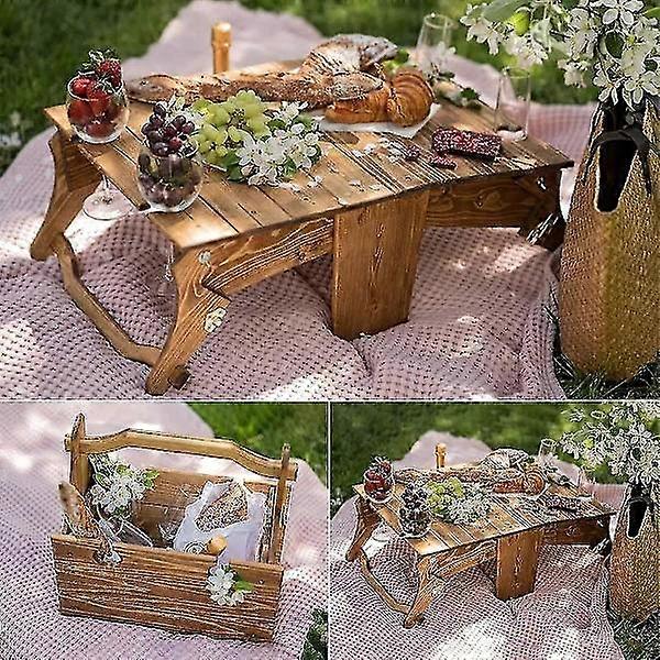 Foldable wooden outdoor picnic table, portable wine picnic table, 2-in-1 picnic table convertible wooden basket storage