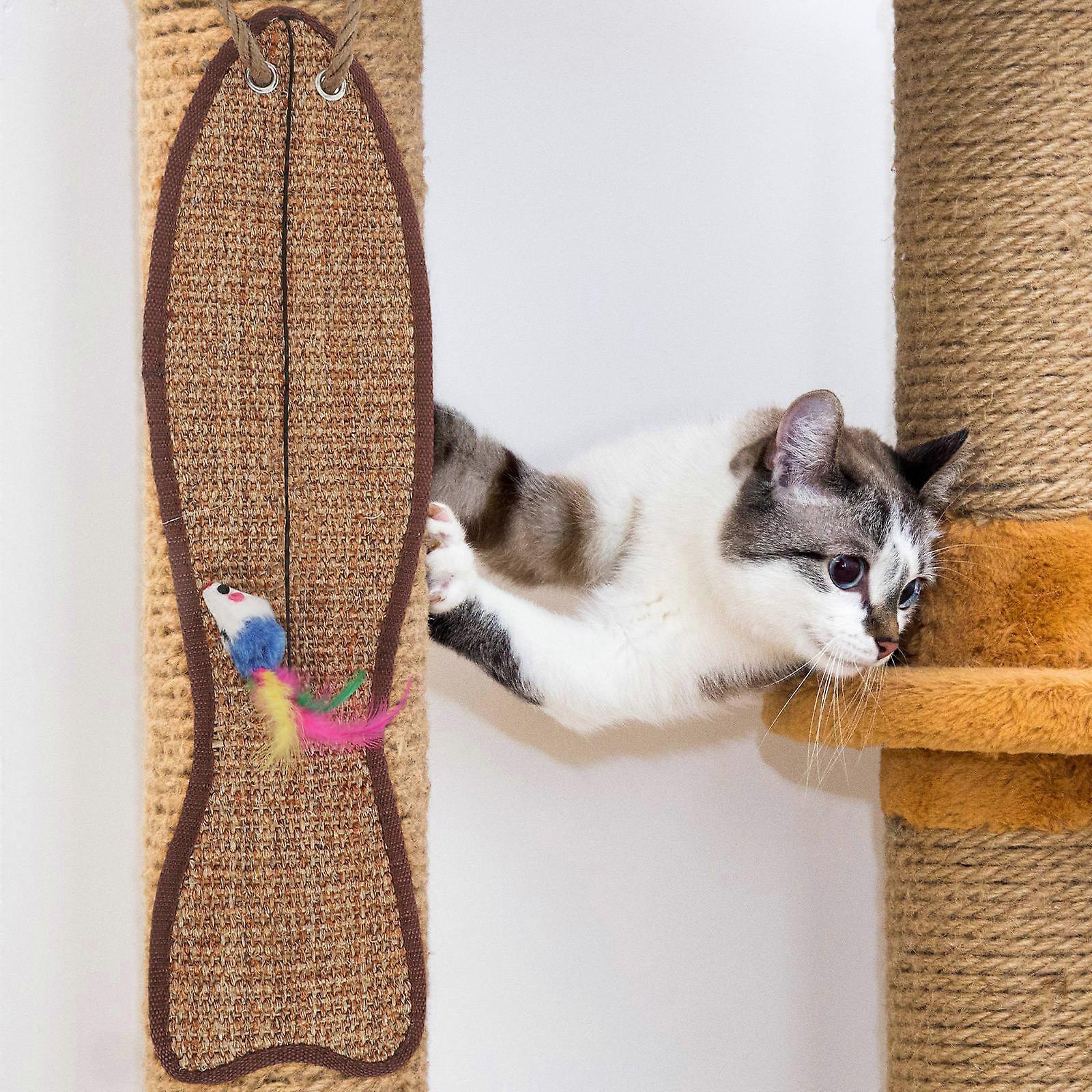 Fish Shaped Sisal Cat Hanging Pad, Natural Hand Knitted Scratching Mat with Feeding Port for Furniture Protection and Claw Grinding