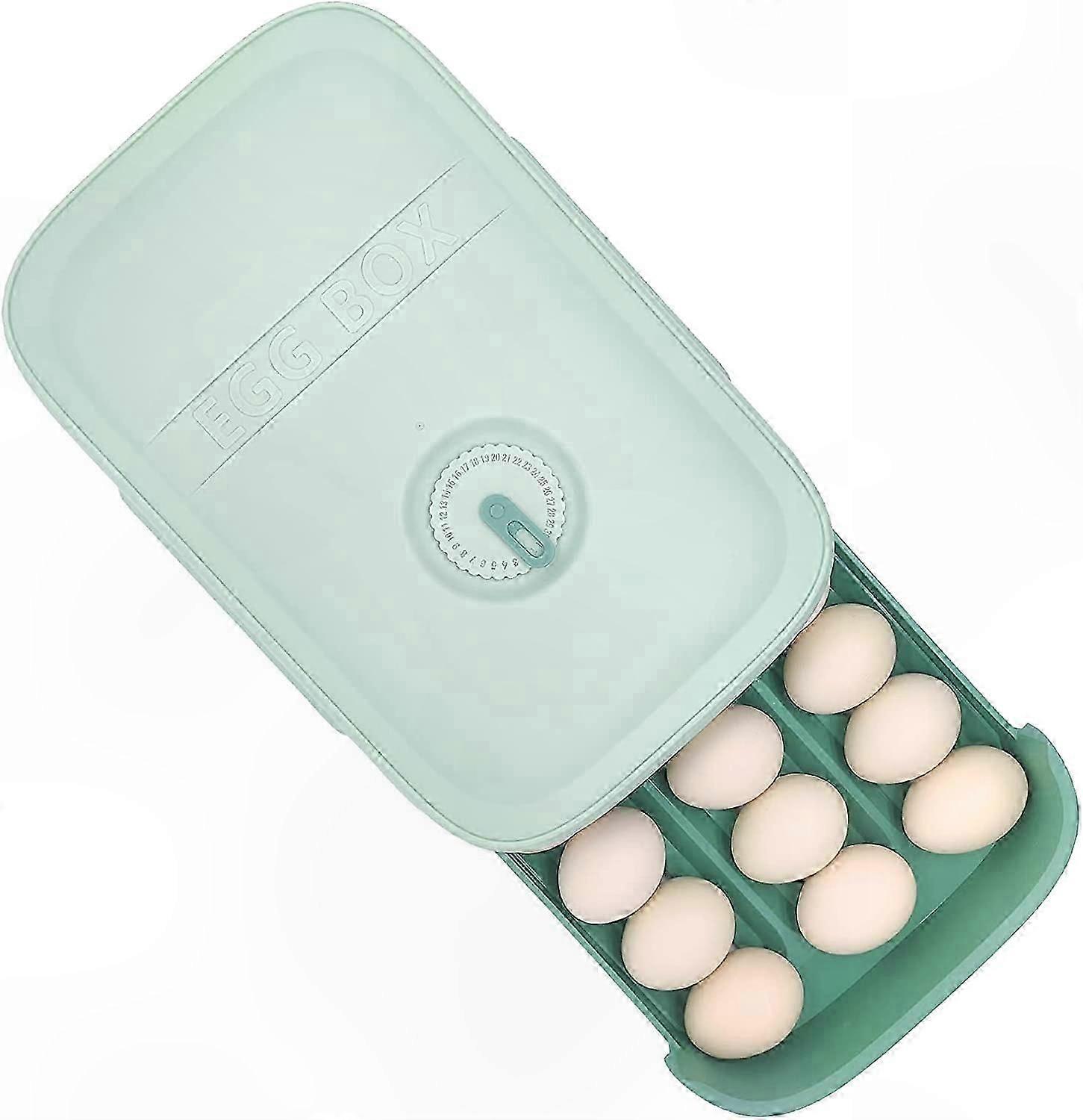 Stackable Plastic Egg Storage Rack for Kitchen Counter or Fridge, Holds 18-21 Eggs, Drawer Style Container in Green