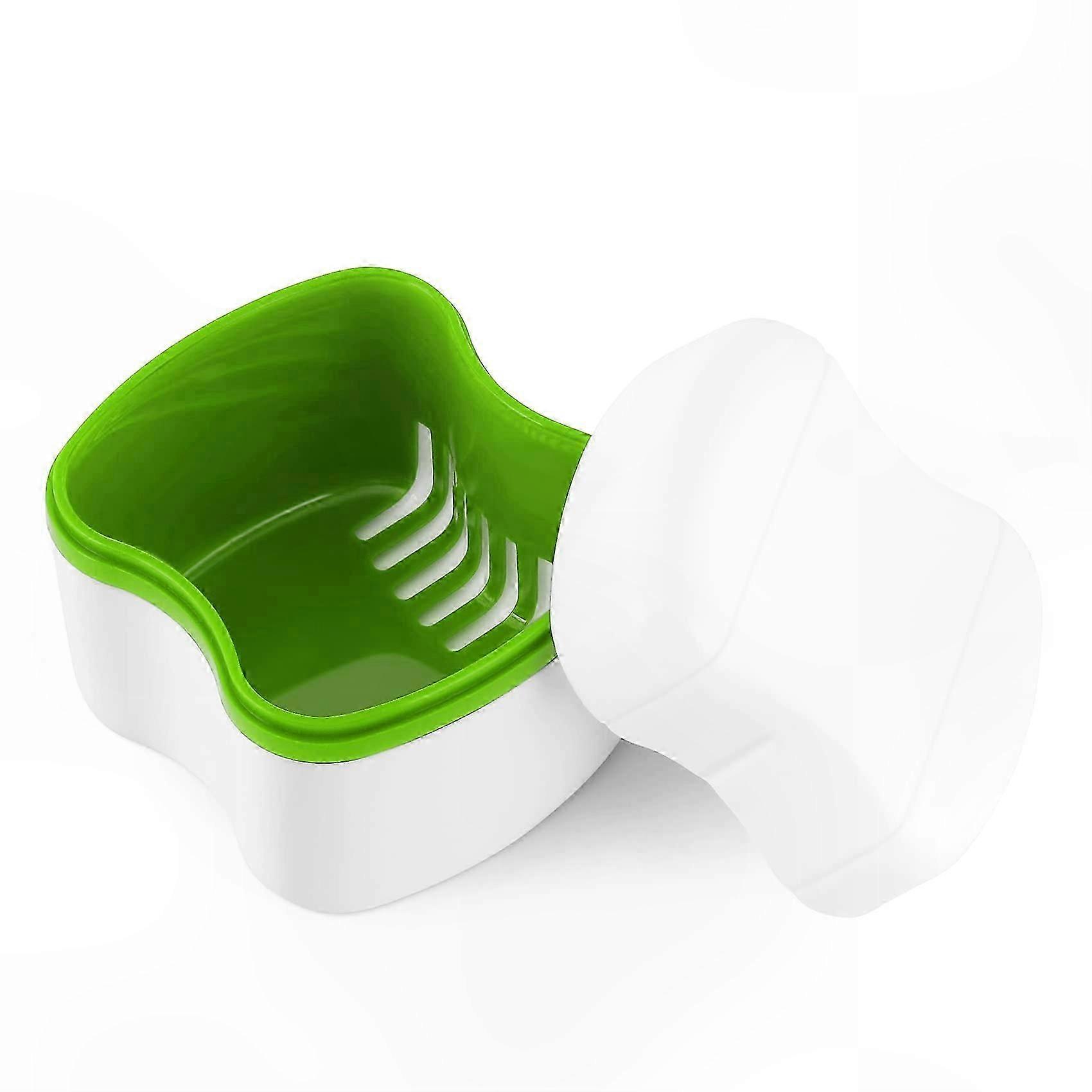 Portable Denture Cleaning Container with Removable Basket for Easy Soaking and Storage - Green