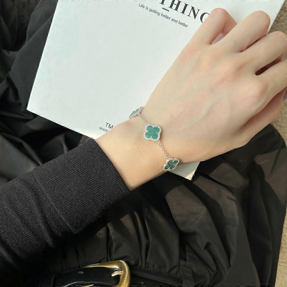 Unique Four Leaf Clover Bracelet for Women and Men, 925 Sterling Silver, Lucky Clover Design in White, Black, Green Colors