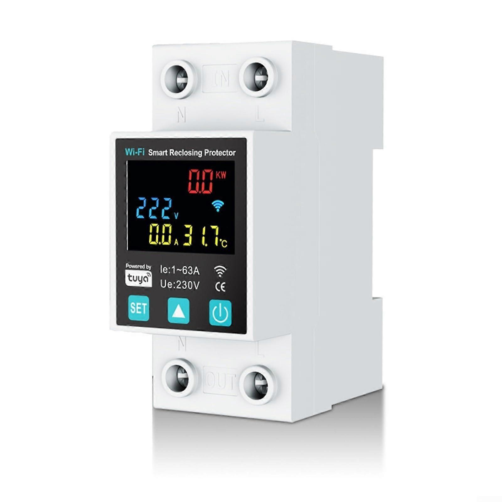 WiFi Smart Reclosing Protector 163A Circuit Breaker, Alexa App Control, LCD Voltage Current Power, 10mA100mA Leakage