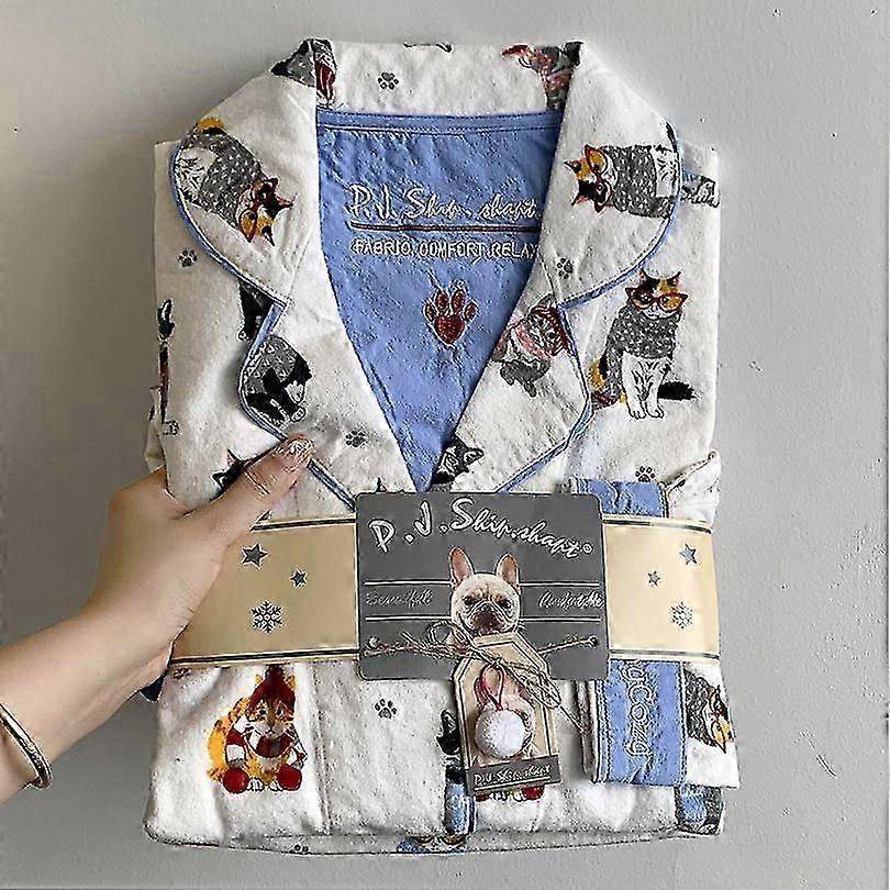 Kevyt ylellinen Pjs-pyjama, kevät ja syksy harjattu puuvillapyjama, pitkähihainen ja pitkä housut kotivaatteet pyjamasetti naisille