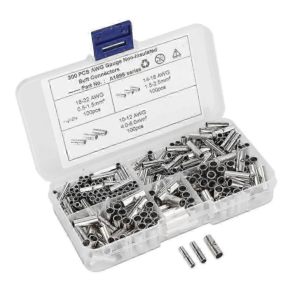 300Pcs Non Insulated Copper Butt Splice Wire Connector Tinned Crimp Terminal Kit for Boat Auto