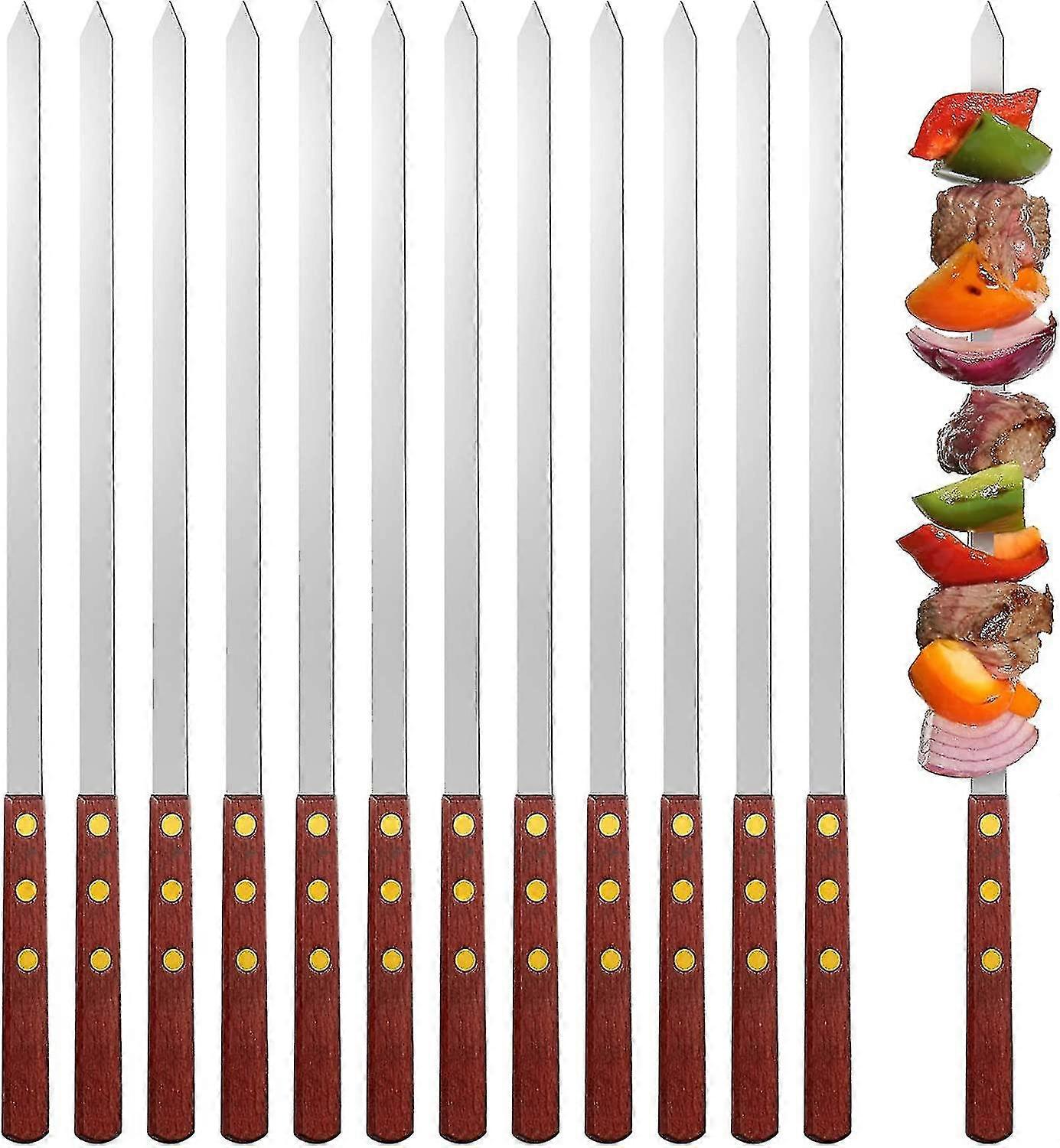 12 Pieces Skewers For Kabobs 0.4 Inch Wide Thin Stainless Steel Kebab Skewers Long Skewers Barbecue Skewers Reusable Metal Bbq Skewers With Wood Handl
