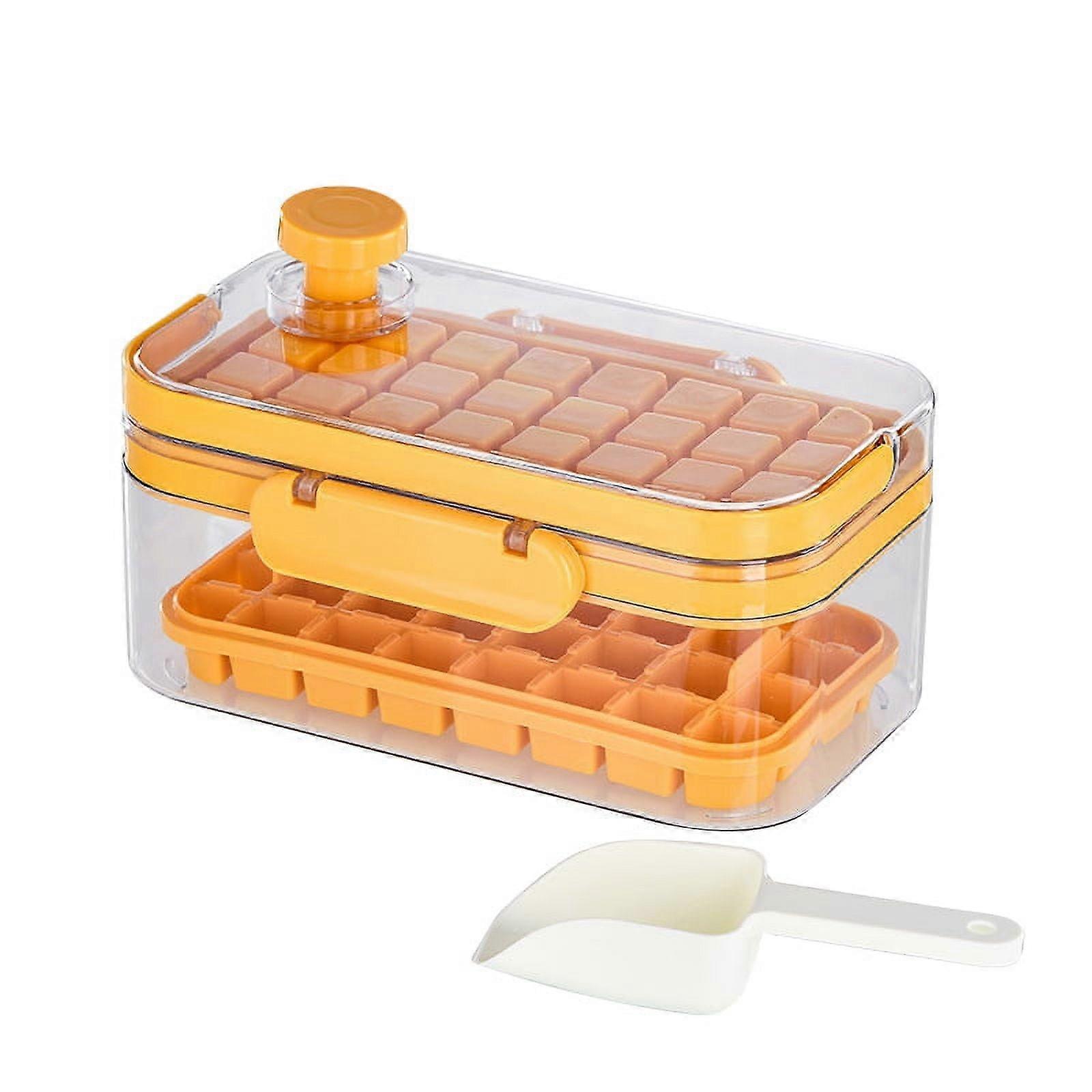 Ice Tray Pressed Ice Storage Box Freezer Square Ice-Cube Mold with Lid Home Ice Maker Box with Tray and Scoop(Orange)