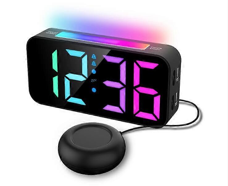 RGB Vibrating Alarm Clock Dual Alarms 100dB Loud 3 Modes Snooze 7.4Inch LED Screen RGB Light Adjustable Brightness