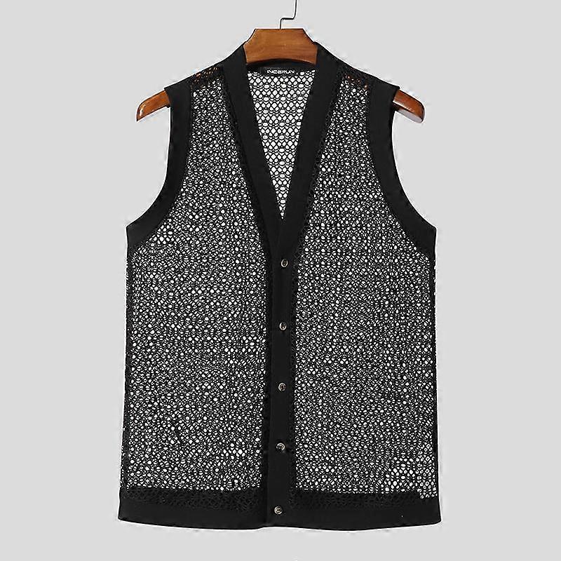 INCERUN Men Sleeveless Buttons Up Hollow Out Casual Tank Tops