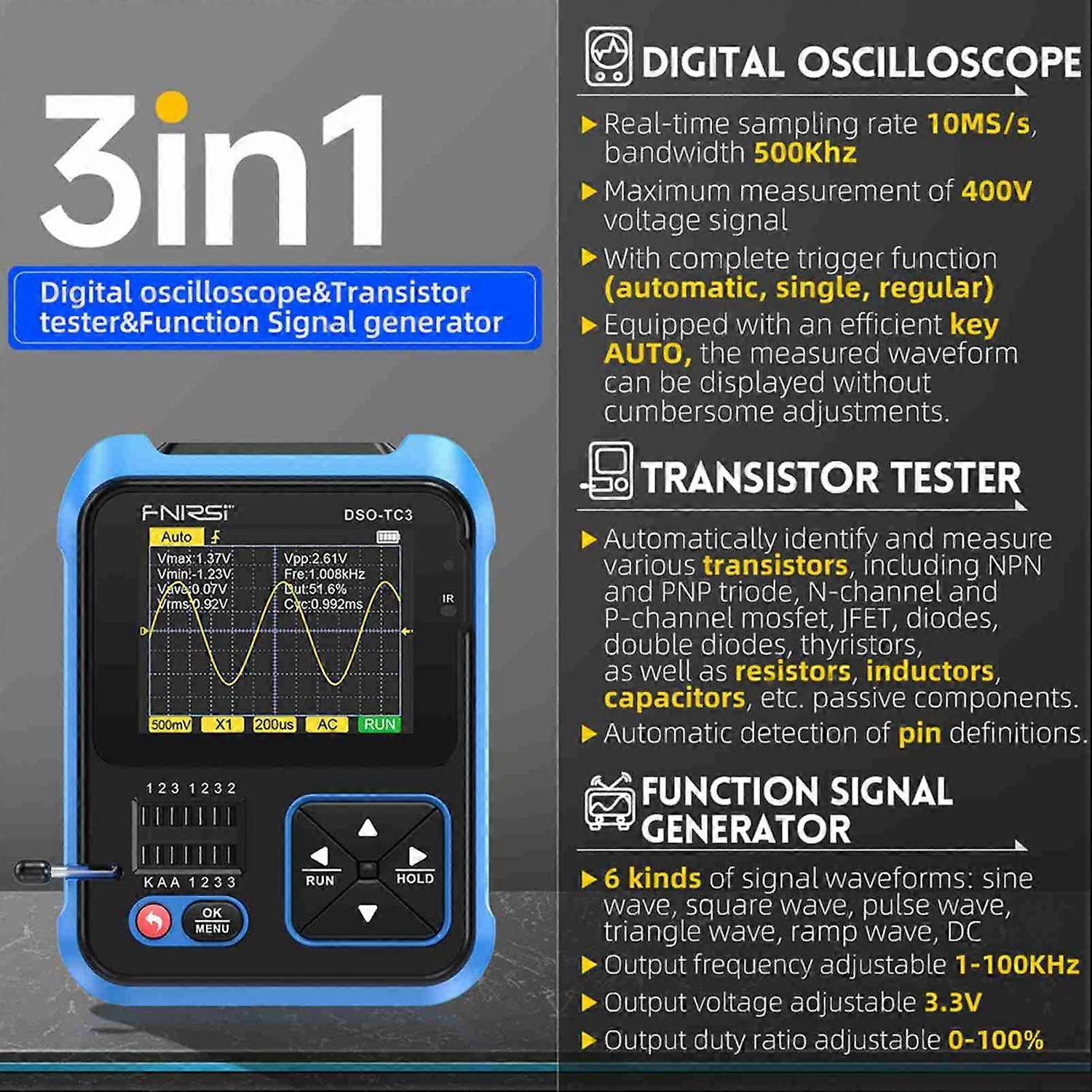 Oscilloscope 3 In 1 2.4inch Digital Display with LED Backlight Transistor Tester Function Oscillosco