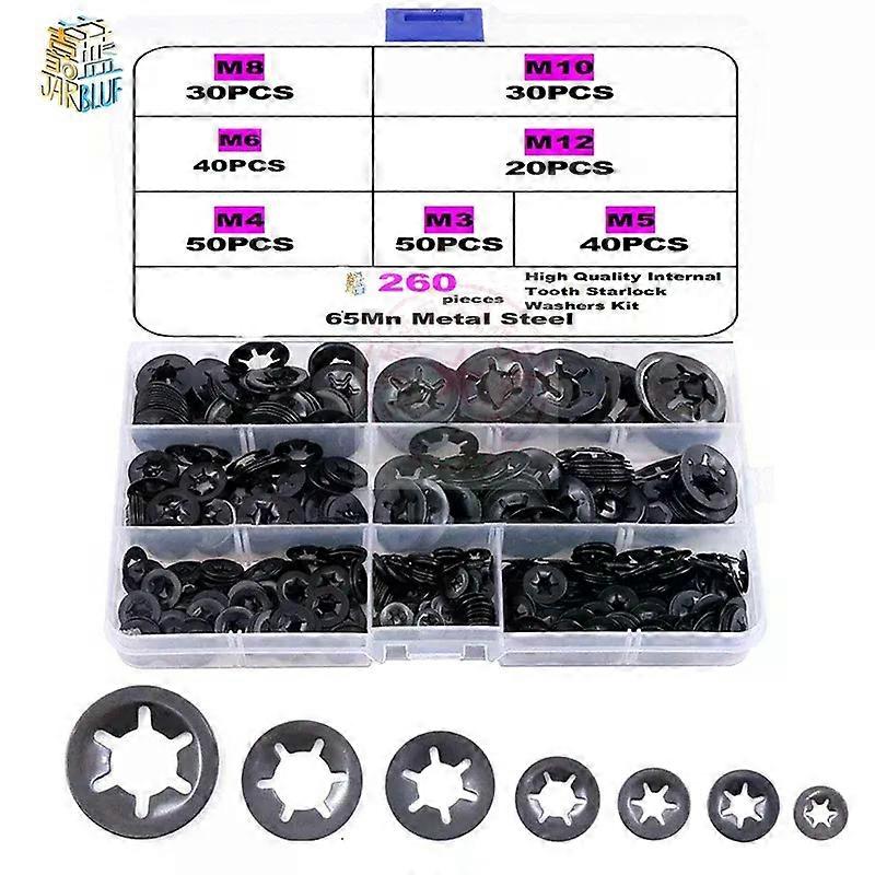 260Pcs M3 M4 M5 M6 M8 M10 M12 Push-on Locking Washers Star Nut Metal Quick Speed Star Nut Locking Fastener Assorted Kit