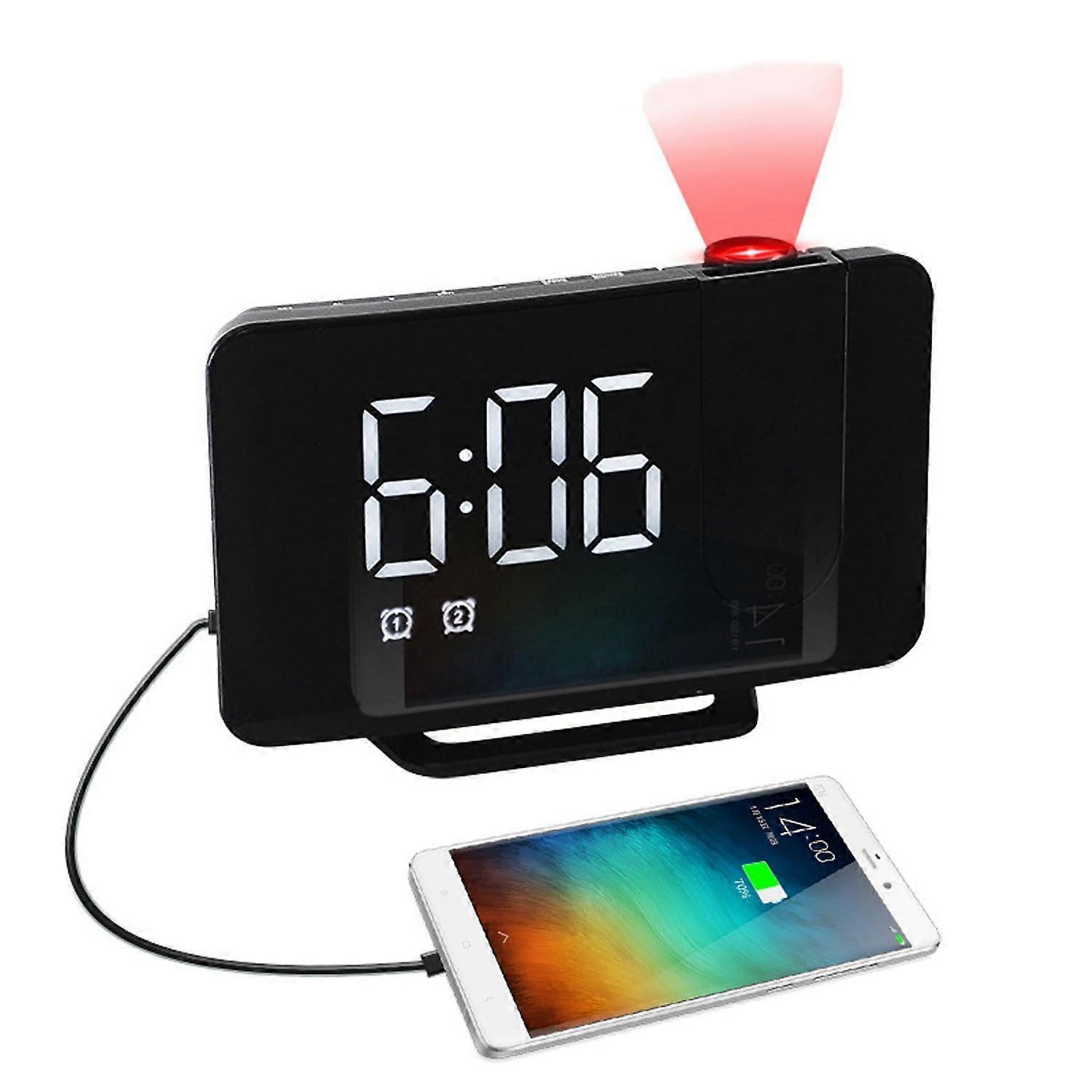 Projection Alarm Clock with 180° Rotatable Projector, LED Display, Radio, USB Charger, Dual Alarms