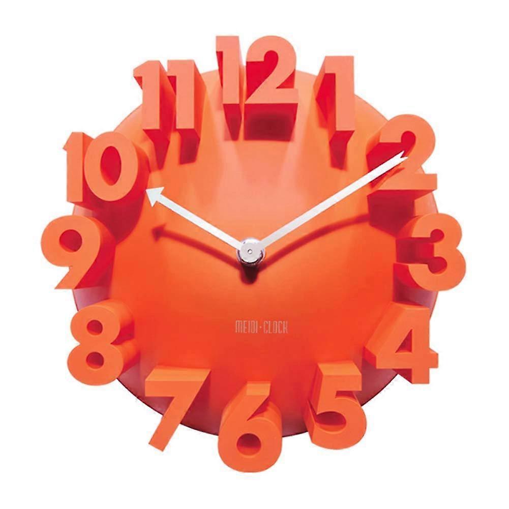 Modern Wall Clock 22cm Silent Quartz Movement with Large 3D Numbers for Home and Office Decor Orange