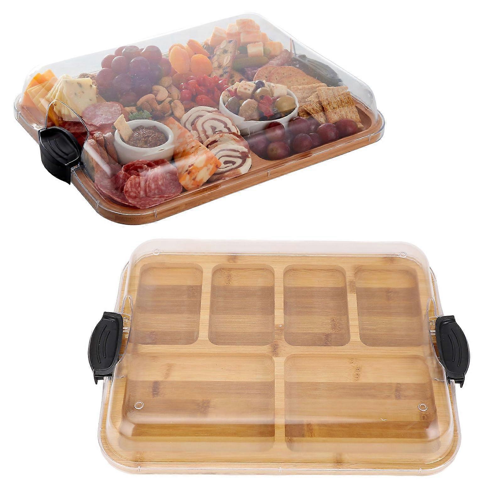 Charcuterie Board with Lid and Compartments, Reversible Bamboo Cheese and Cutting Board for Parties