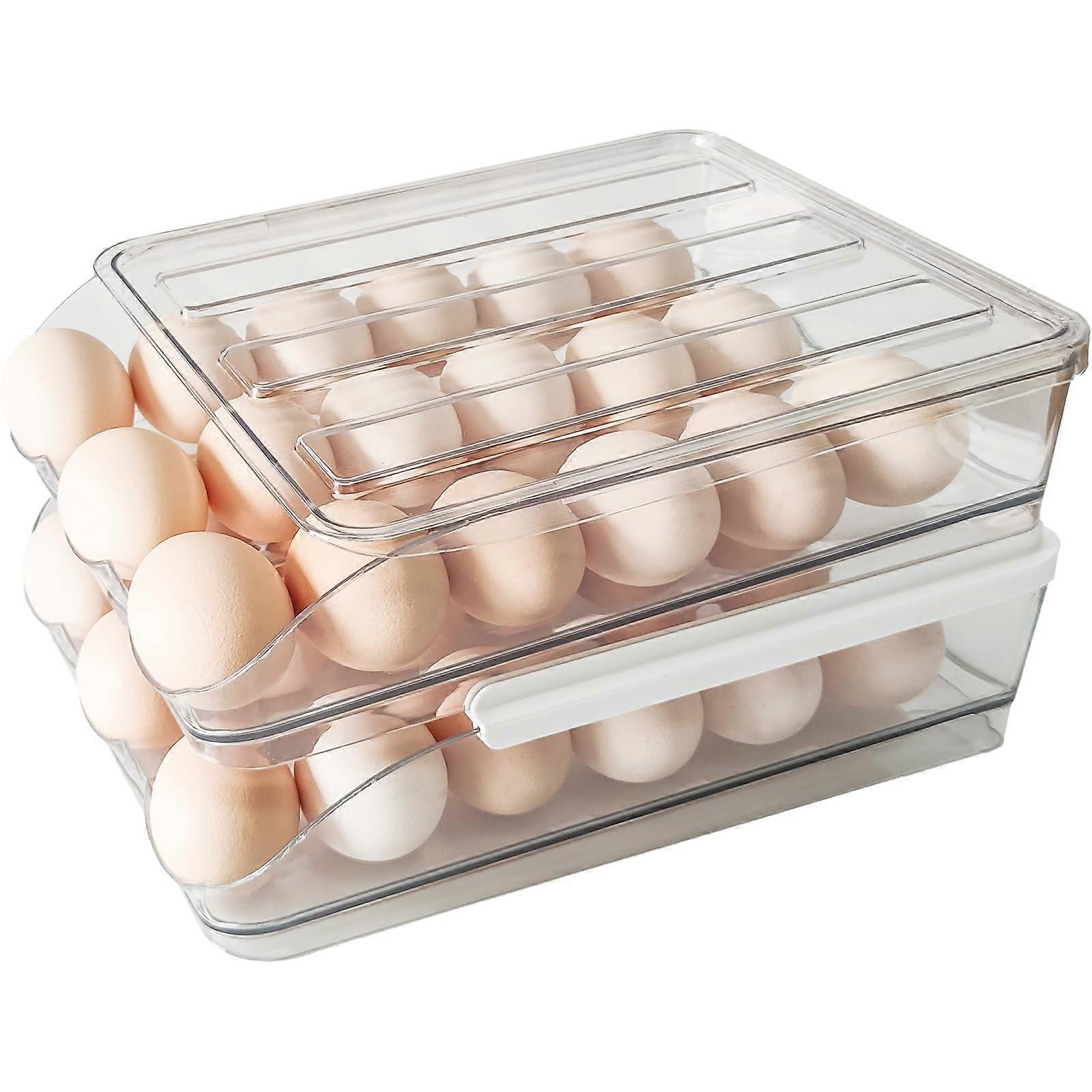 Clear 2 Tier Stackable Egg Holder for Fridge with Lid, Auto Rolling Large Capacity 36 Eggs