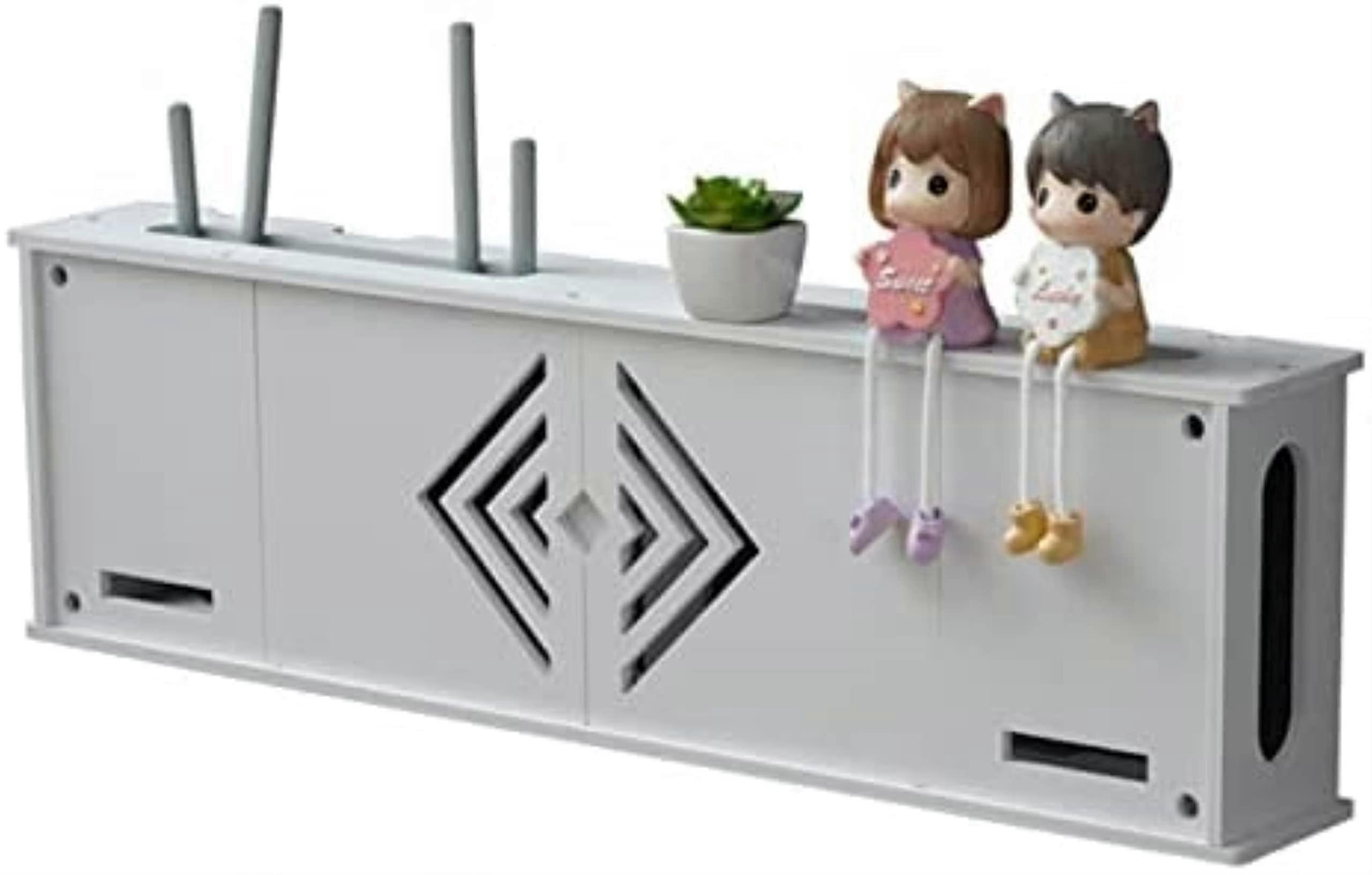 WiFi Router Wall Mount Shelf with Unblocked Signal Design, PVC Storage Box Cabinet 76x10.5x22cm