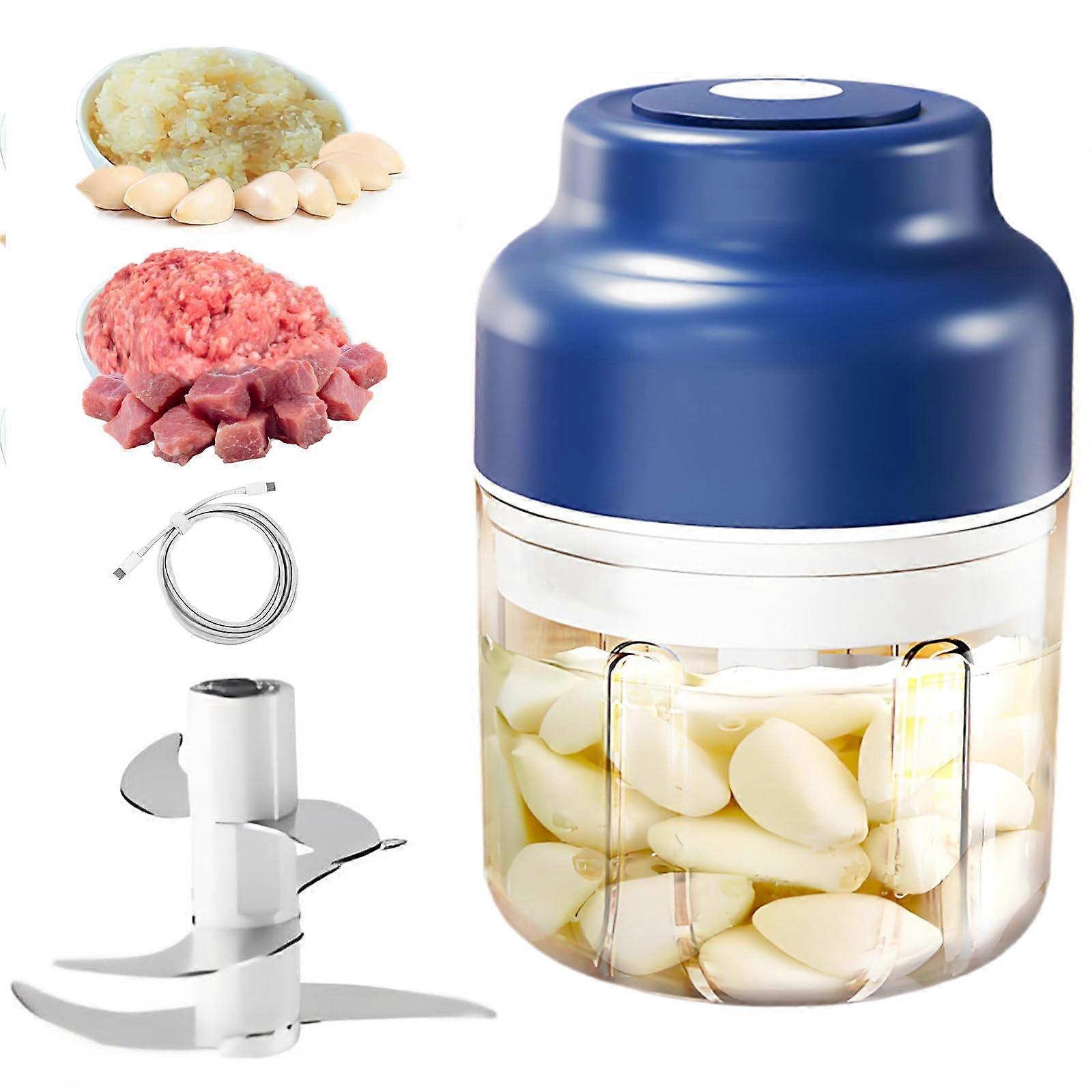 Electric Garlic Chopper Mini Food Processor, Wireless Rechargeable 320ml 6Blade Cutter for Vegetables, Nuts, Herbs  Blue