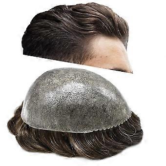 Men's Toupee Thin Skin PU Injection Wavy Human Hairpiece Dark Brown with Grey Natural Look