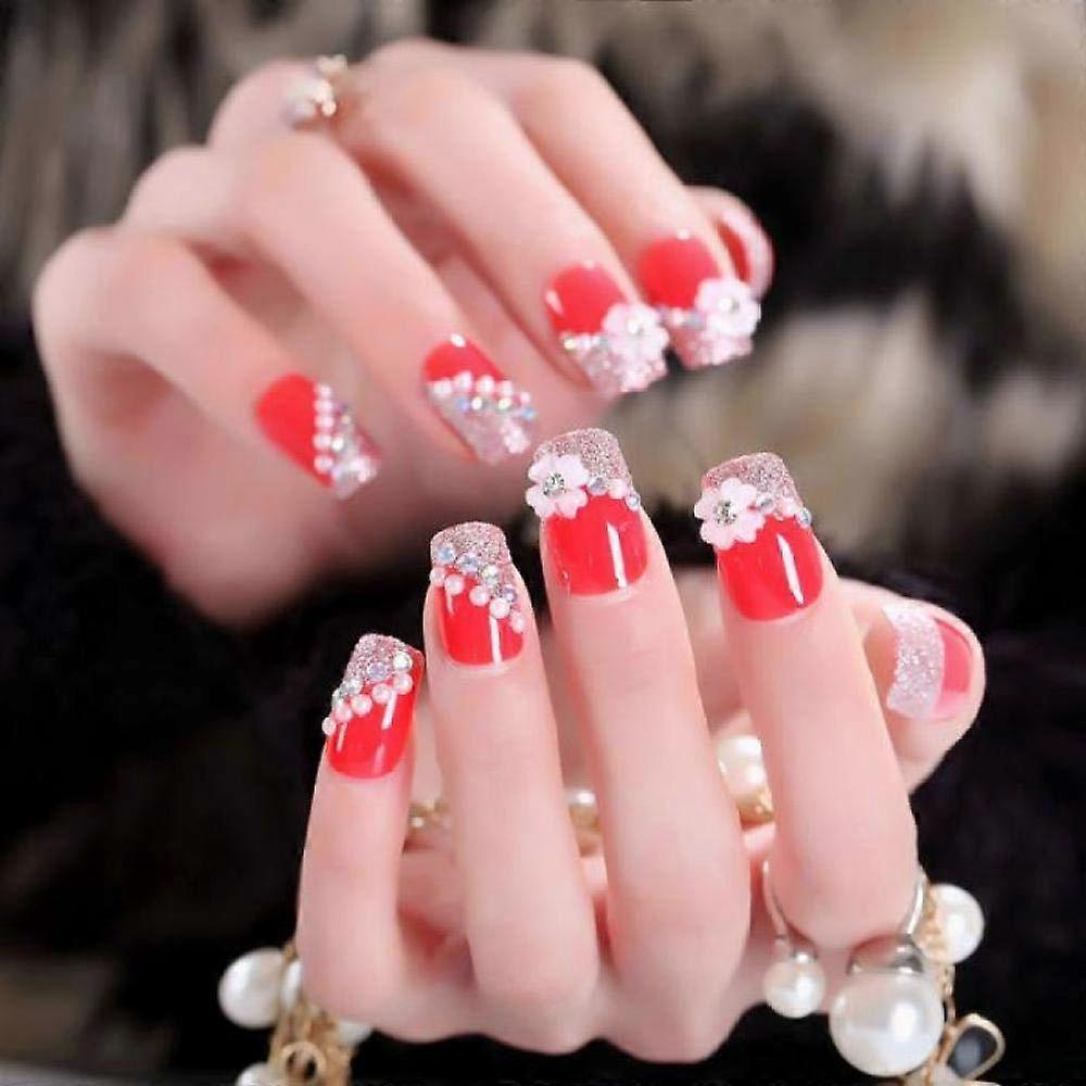 Red Rhinestone Press On Nails 24 Pcs Full Coverage Fake Nails with Glue, Multiple Sizes