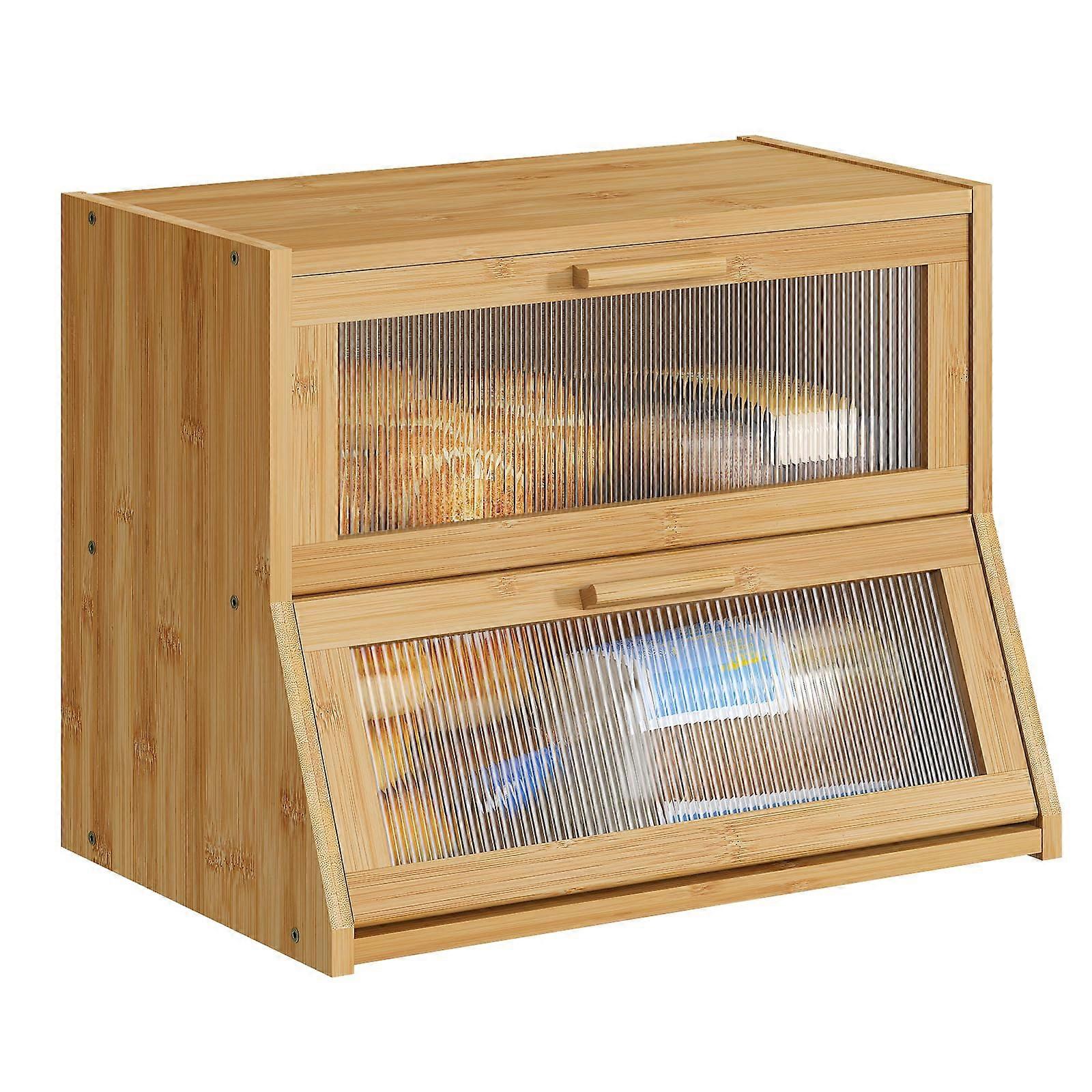 Large Double Layer Bamboo Bread Box with Clear Acrylic Door for Kitchen Counter Storage Bin Natural