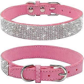 Rhinestone Dog Collar, Cute Dazzling Sparkling Soft Suede Leather Dog Cat Rhinestone Collar Crystal Diamond Pet Dog Puppy Collar(pink,xs)