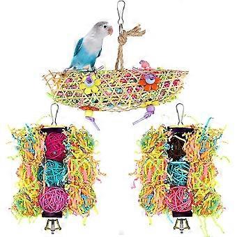 Bird Toy Set 3pcs Wooden Hanging Parrot Cage Toy Bell Rope Swing Wooden Hammock With Decor