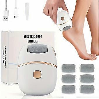 Rechargeable Electric Foot Scrubber with 6 Interchangeable Heads, White and Gold Two-Tone Design, USB Powered Ergonomic Handle for Removing Dead Skin 