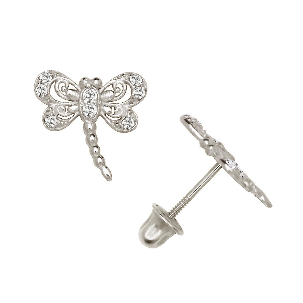 Solid 14k Yellow or White Gold Small Round CZ Dragonfly Stud Screw Back Earrings (10x8mm)-Stud Earring for Women