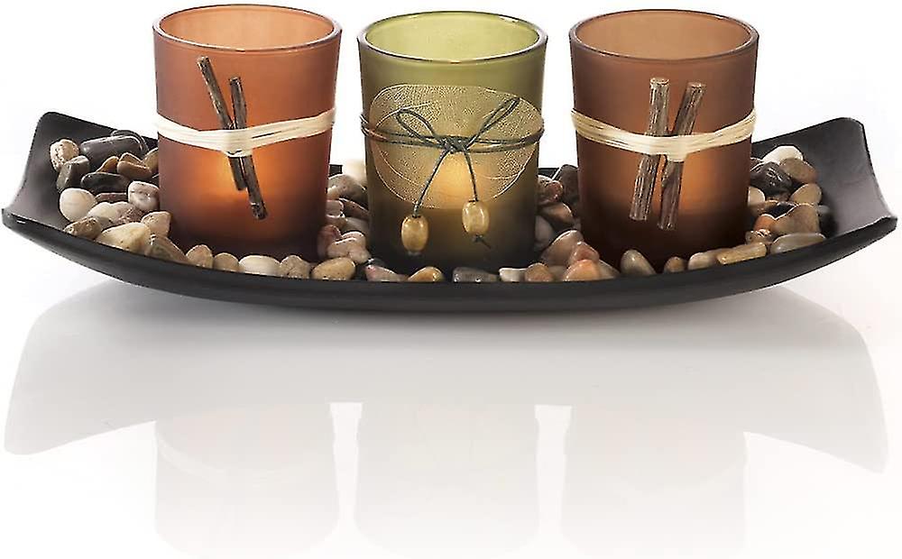 Natural Candle Holder Set, 3 Decorative Candle Holders, Rock And Tray