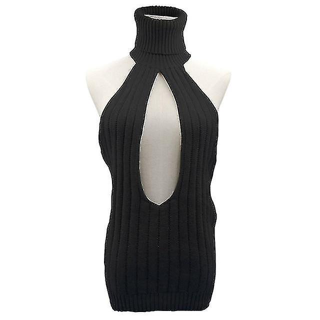 Women Backless Sweater Turtleneck Open Chest Hollow Knitted