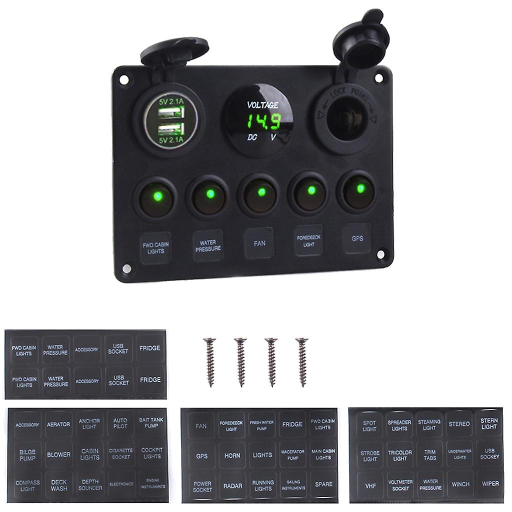 12V 24V 5 Button LED Switch Panel Light Toggle USB Chargers Gauge For Car Marine