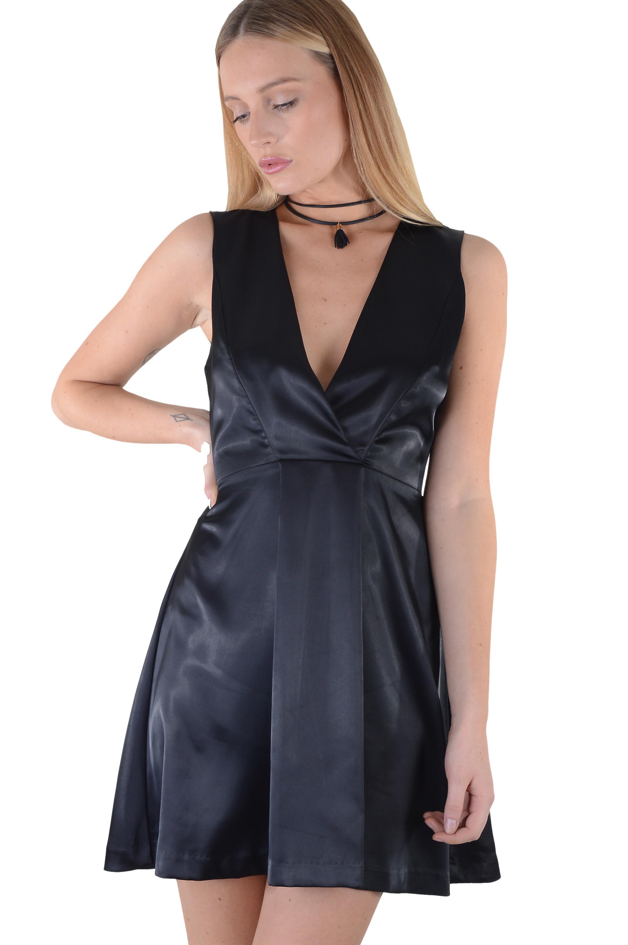 Lovemystyle Black Satin Skater Dress with Plunge Neckline - UK6 / EU 34 (Fits Like A UK4)