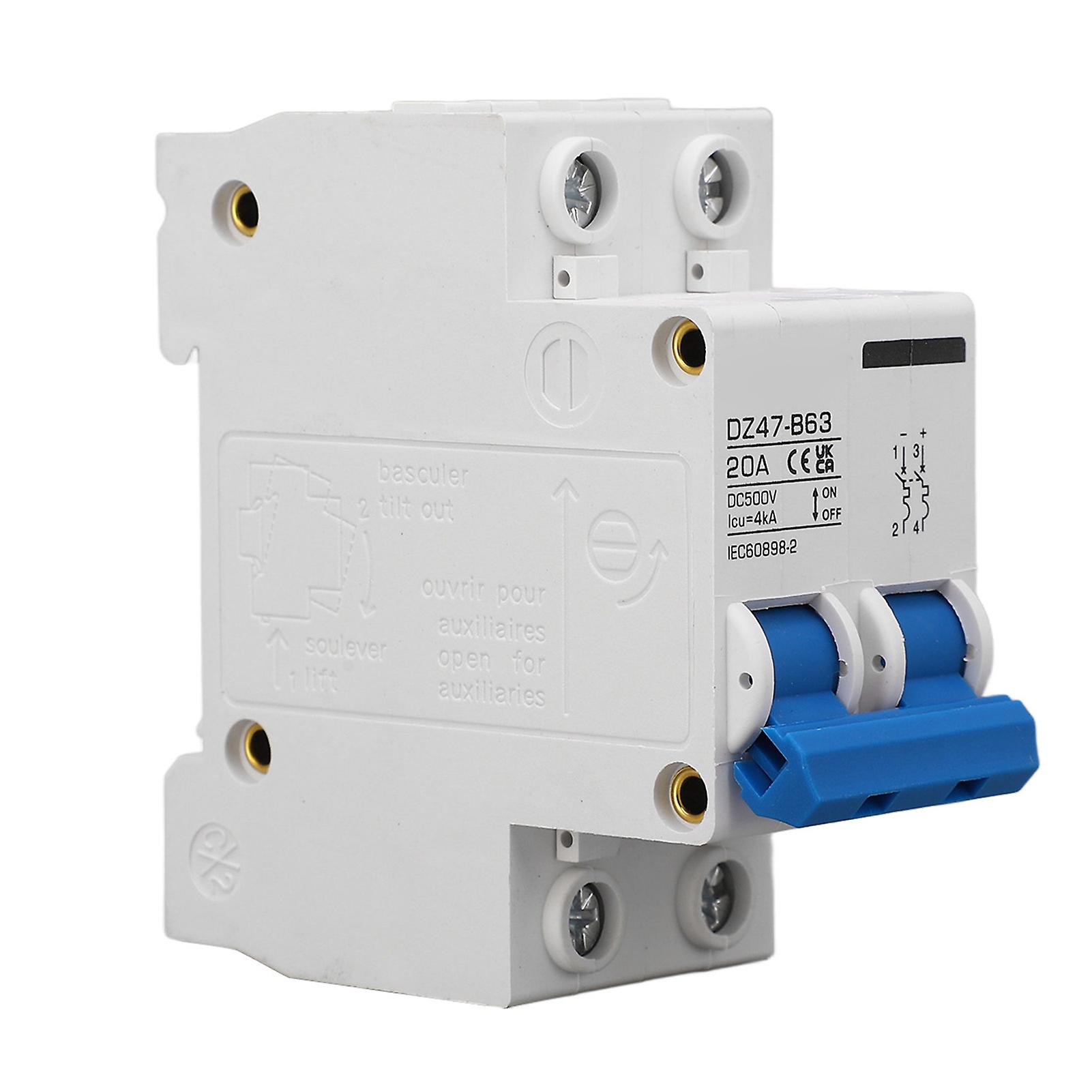 2P Type B DC Circuit Breaker, DIN Rail Mounting, Mini Safety Circuit Breaker for Solar Photovoltaic System, DC 500V 20A