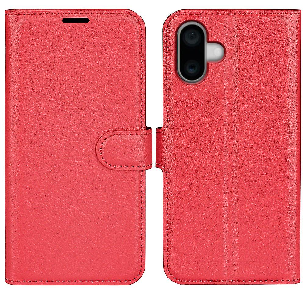 For iPhone 16 Case Wallet Leather Phone Cover Litchi Texture - Red