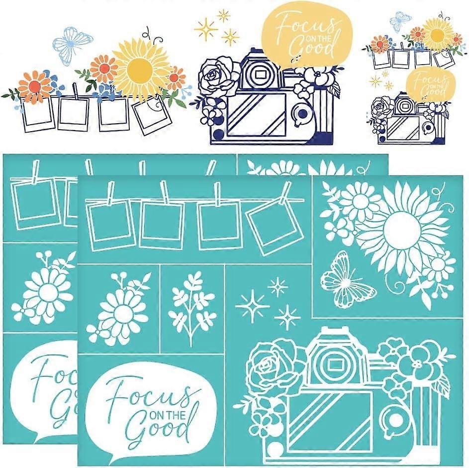 2Pcs 11x8.6 Inch Camera Self-Adhesive Silk Screen Printing Stencil "Focus on The Good" Silk Screen Stencil Travel Theme Mesh Stencils Transfer for DIY