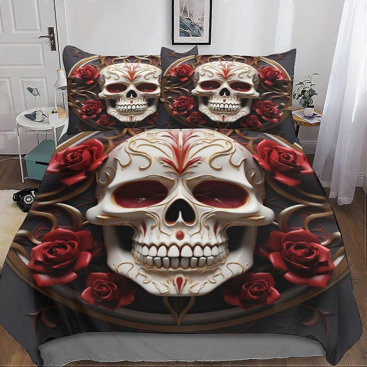 Gothic Skeleton Bedding Set - Pink Duvet Cover - 3D Print - Microfiber with Pillowcase - for Kids/Boys and Girls with Zipper Closure 3 Pcs Double