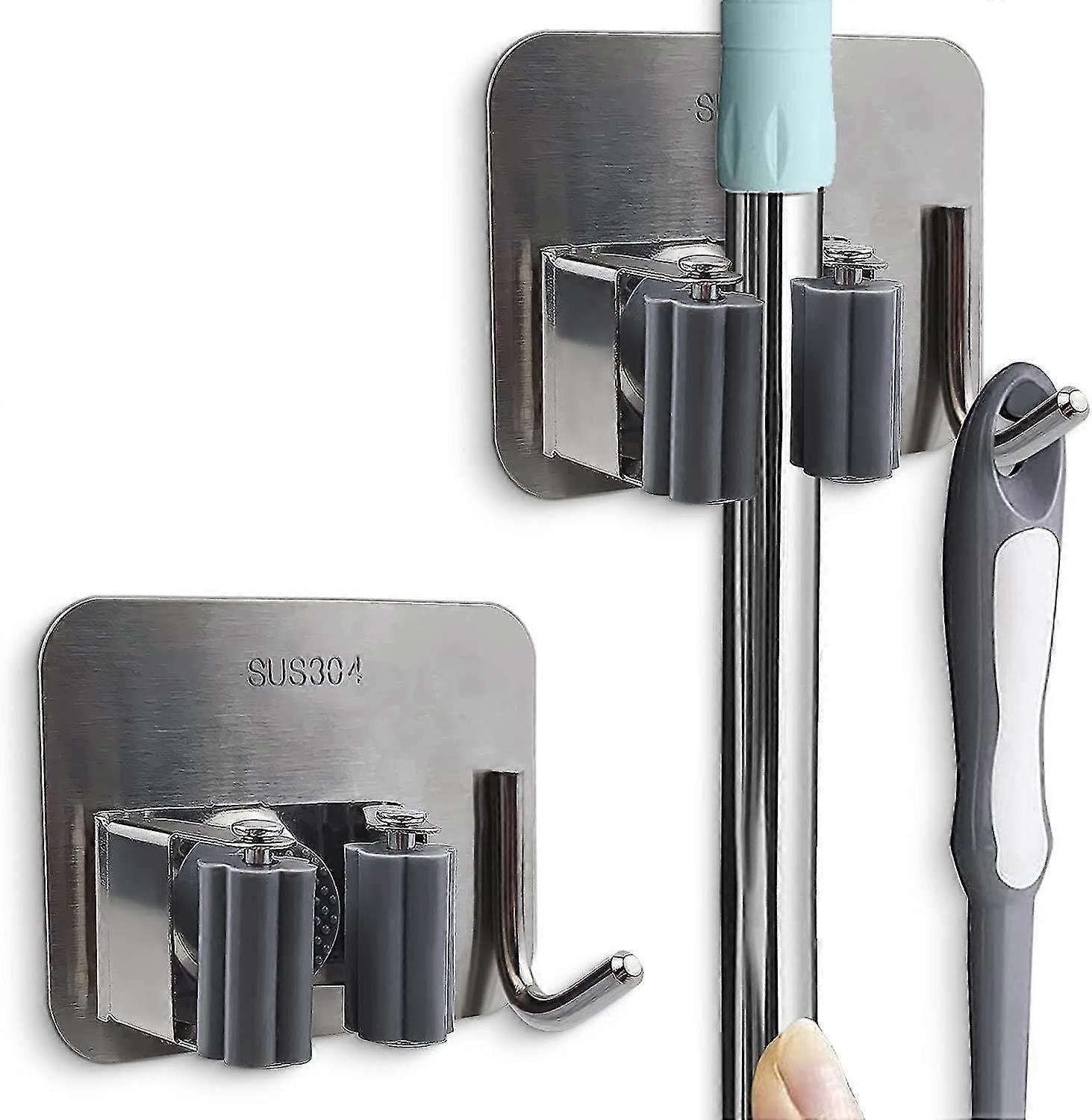 Broom Mop Stainless Wall Mount Holder with Mopping Cloth Hooks Self Adhesive Tape, Brush Broom Gripp