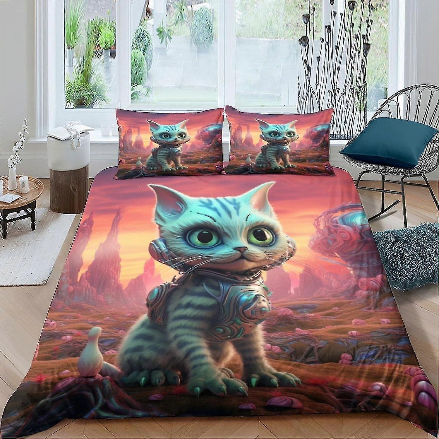 o4278 Lençóis Cartoon Animal Cat Bedding Conjunto de 3 Peças Capa de Edredão 3D Impresso Colcha Capa de Edredão com Fecho de Correr, Roupa de Cama de Microfibra Macia Double B